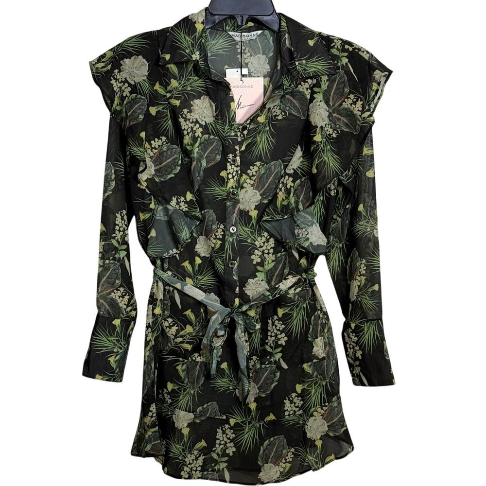 Madisonne Sheer peplum ruffle shirt dress sheer green/black Medium $69